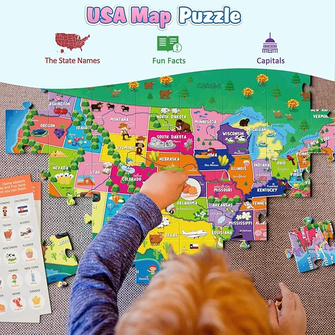 Puzzles for Kids United States Dinosaurs Floor Puzzle, 54 Piece Double-Sided, USA Map Jigsaw Puzzle for Ages 3-8 & 8-10, 21'x15' with Geographic Stickers
