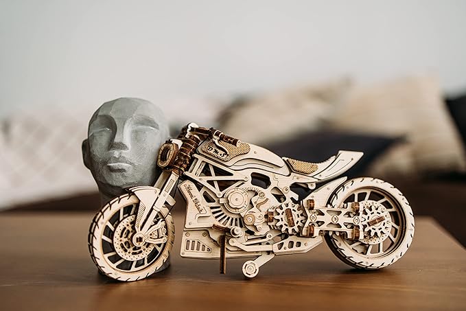 Wood Trick Motorcycle w/Rubber Band Motor Rides up to 16ft - Mechanical Model Kits for Adults - 10x4in - 3D Wooden Puzzles for Adults - Engineering DIY 3D Puzzle Wooden Models