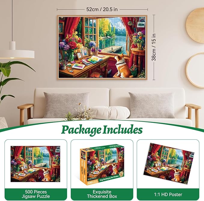 500 Piece Puzzle for Adults, Jigsaw Puzzle, Dog Puzzle – Dog Painting by The Window, Relaxing for Family, Kids and Adults, and Fun Activity (20.5" x 15")