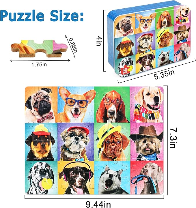LELEMON Puzzles for Kids Ages 4-6,Dog 60 Piece Puzzles for Kids Ages 4-8,Children Jigsaw Puzzles Kids Puzzles in a Metal Box,Educational Learning Puzzle Toys for Girls and Boys