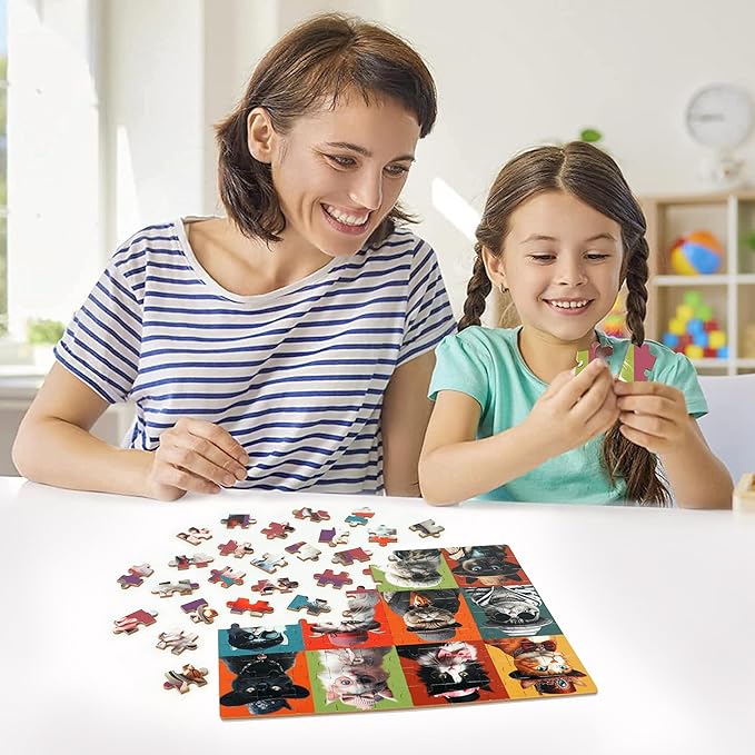 LELEMON Cat Jigsaw Puzzles in a Metal Box 100 Pieces Cat Jigsaw Puzzle for Kids Ages 4-8 Children Learning Educational Puzzles Toys