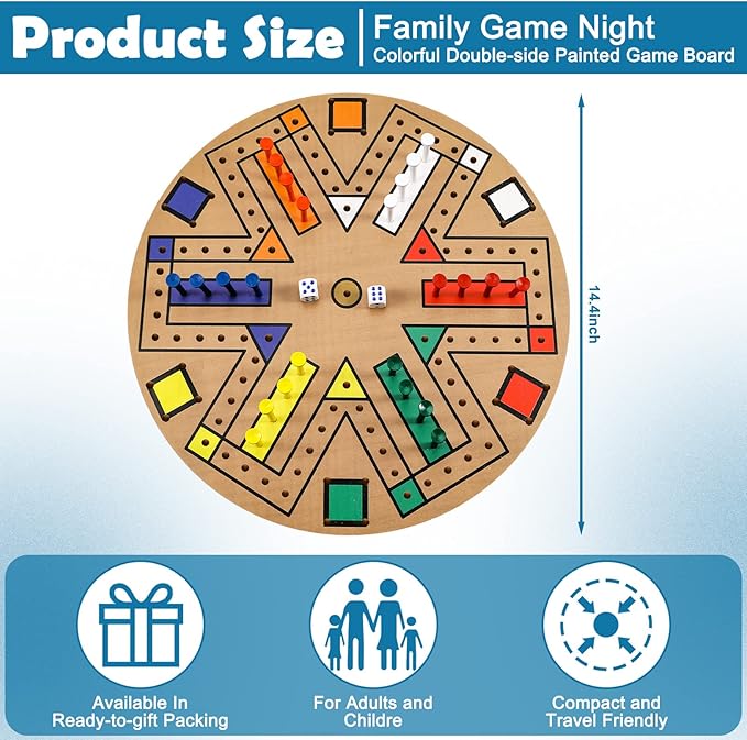 Kathfly Fast Track Board Game Wooden 3-6 Players Board Game Set with 24 Board Game Pieces and 2 Dice, Fast Track Game Night for Adult Teens Family Game, 6 Colors (14.2 Inch)
