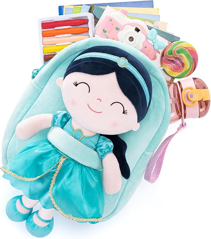 Gloveleya Back to School Gifts for Girls Toddler Backpack for Girls Kids Backpacks Soft Girl Toys Plush Baby Girl Gifts with Plush Princess Jasmins Doll Aqua 9"