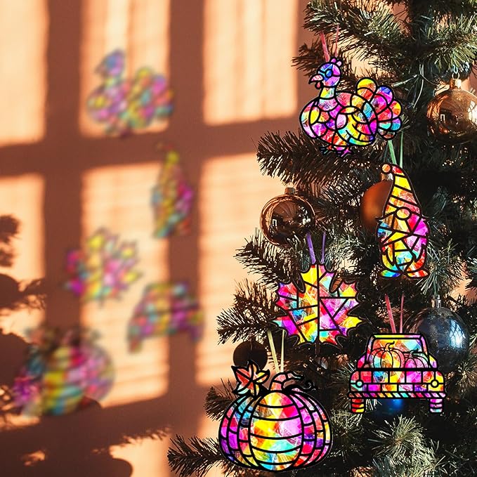 EggSun 36 Sets Fall Thanksgiving Suncatchers Craft Kit for Kids Ornaments Stained Glass Window Arts and Crafts Kit for Classroom Holiday Projects Home Party Favors Decorations Ages 4 8 12