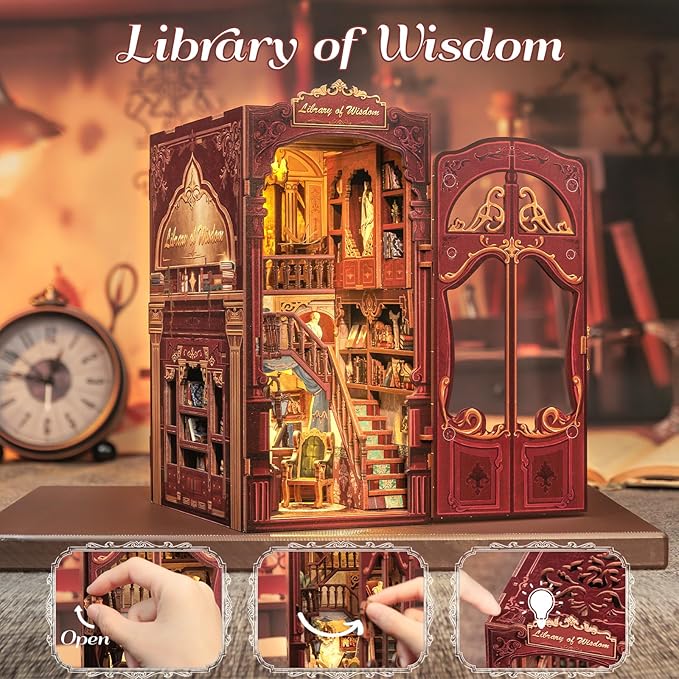 Fsolis Book Nook Kits, DIY Miniature House Kit 3D Puzzles for Adults Tiny House Mini Craft Bookshelf Nook Decor Gifts for Women Teenagers Book Lovers (Library of Wisdom)