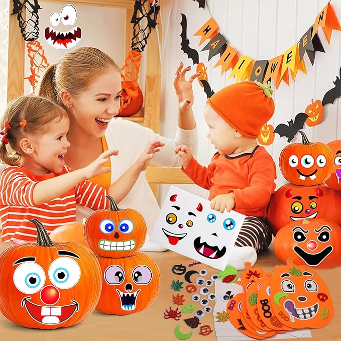 Natonhi 430Pcs Halloween Crafts Kit, Halloween Activitie Foam Pumpkin with Pumpkin Face Stickers for Kids DIY Art and Craft Set Holiday Decoration Party Favors Supplies