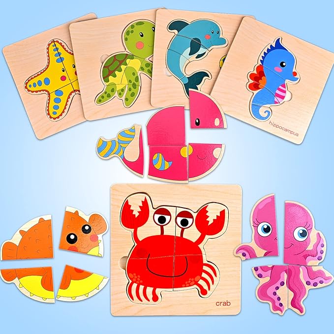 8pcs Wooden Puzzles for Toddlers 1-3, Toddler Puzzles Ages 2-4, Montessori Toys for 1-3+ Years Girl Boy, Sea Animal Puzzle for Kids, Jigsaw Puzzle Educational Toys Preschool for 1-4
