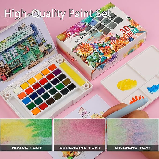Watercolor Painting Set, Travel Paint Set Graspable Paint Set Portable Watercolor Sketching Kit with Water Pen,24 Sheets Watercolor Papers,3 Tutorial Video-30colors