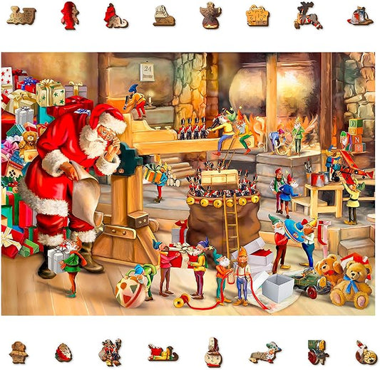 WOODEN.CITY 1000 Piece Wooden Jigsaw Puzzle Santa’s Workshop - Advanced Christmas Wooden Jigsaw Puzzles For Adults - Retro Nostalgia Wood Puzzles With Unique Pieces & Unusual Shapes 21.25 in x 15.5 in