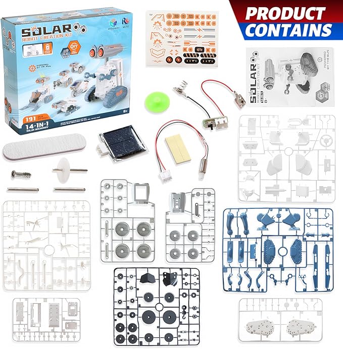 14-in-1 Education Solar Power Robot, Erector Kit STEM Gift Toys for Boys Age 8-12, DIY Educational Science Building Toy, Solar or Battery Powered Robotic Set for Children Birthday with 191Pcs