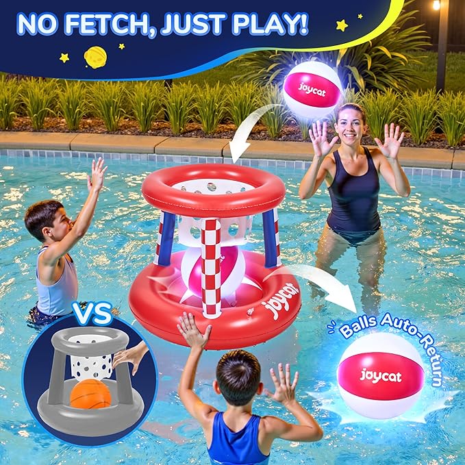 JoyCat LED Inflatable Pool Floats Set,125 Inch Volleyball Net & Basketball Hoop,Floating Swimming Pool Games Beach Toys for Kids,Water Games for Adults and Family,Pools Party Gift