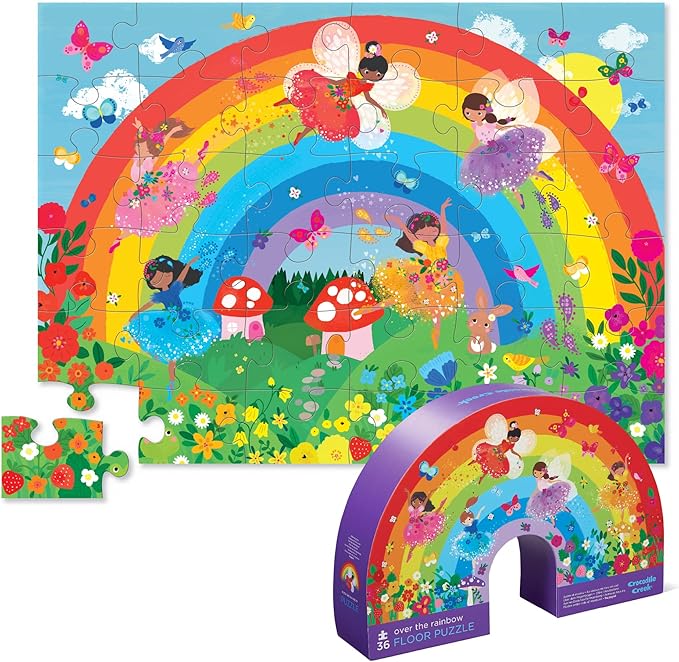 Crocodile Creek 36-Piece Jigsaw Floor Puzzle - Fun Floor Puzzles for Kids Ages 3-5 - Heavy-Duty Shaped Box for Storage - Over The Rainbow - 27" W x 20" H Finished