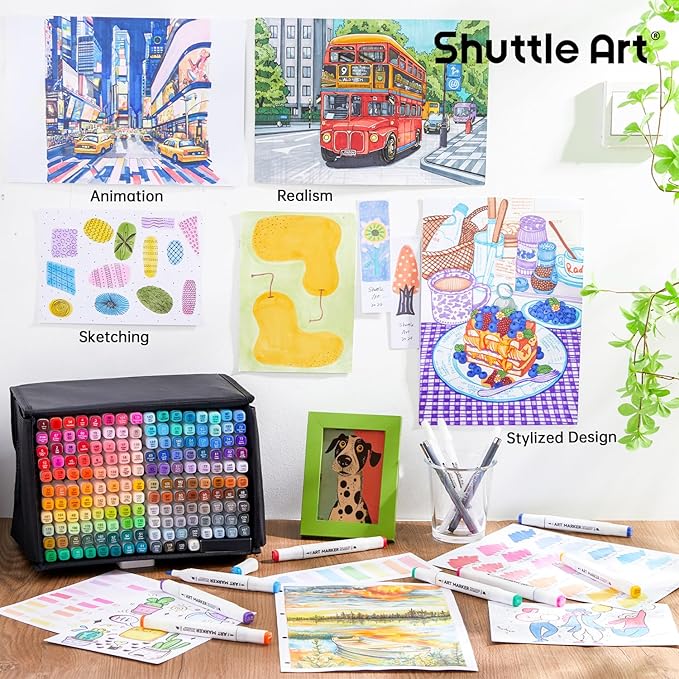 Shuttle Art 172 Colors Dual Tip Alcohol Based Art Markers,171 Colors plus 1 Blender Permanent Marker 1 Marker Pad with Case Perfect for Kids Adult Coloring Books Sketching and Card Making
