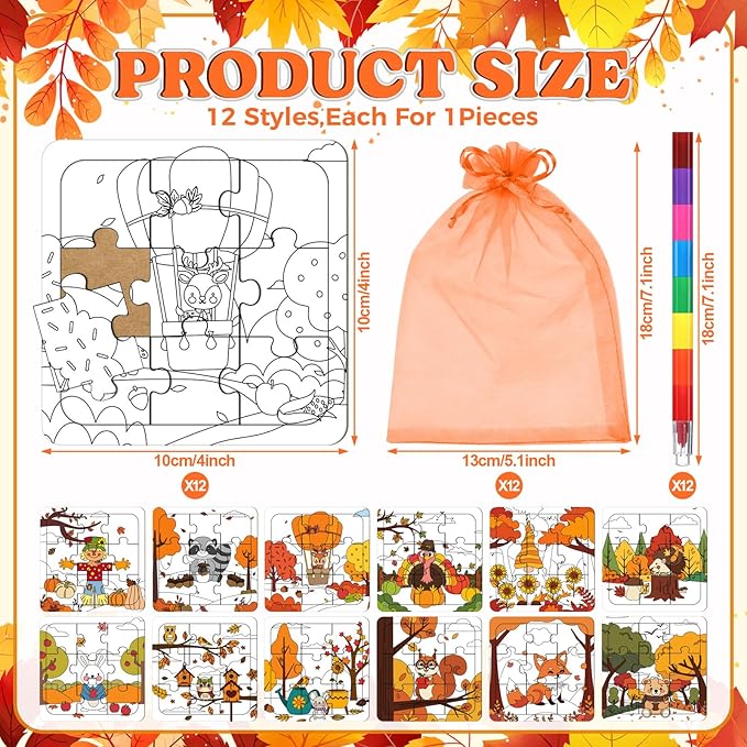 12 Sets Fall Puzzles Color Your Own Puzzles DIY Jigsaw Crafts with 12 Stackable Crayons and 12 Bags for Learning Education Toys Gifts Prizes Birthday Party Supplies(12, Fall)