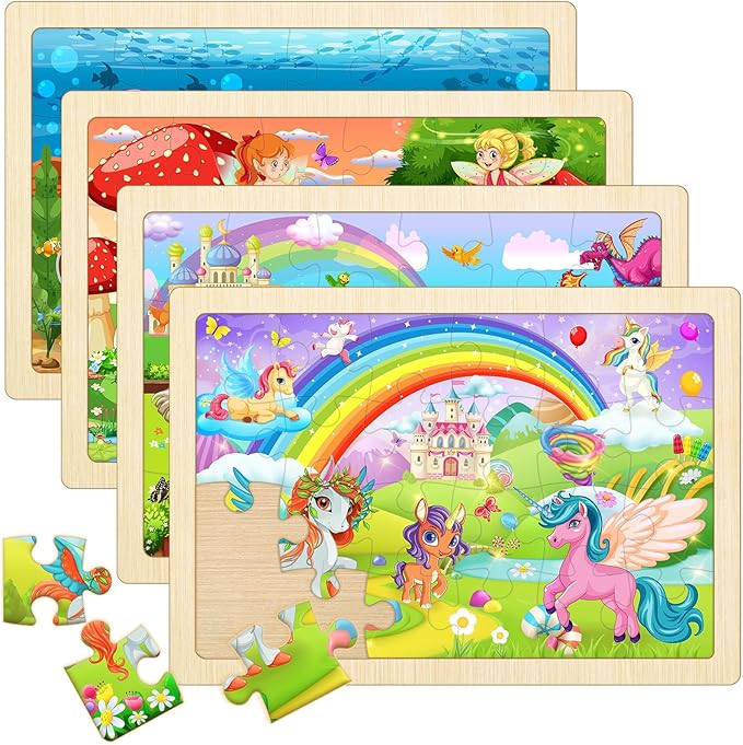 Wooden Puzzles for Kids Ages 4-6, 4 Pack with 24 Pieces Unicorn, Mermaid, Princess, Elf Wooden Puzzles for Toddlers Set, Educational & Learning Puzzles, Toys Gifts for 3 4 5 6 Year Old Boys Girls