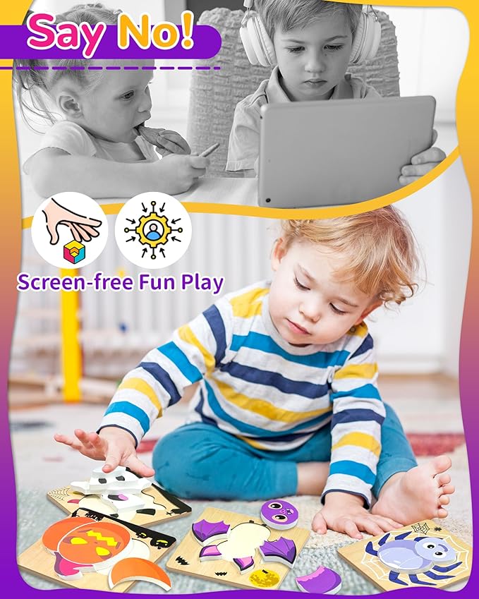 Halloween Wooden Puzzles for Toddlers, 4 Pack Halloween Toys Party Favors Treats, Montessori Toys Birthday Gifts for Kids Boys Girls