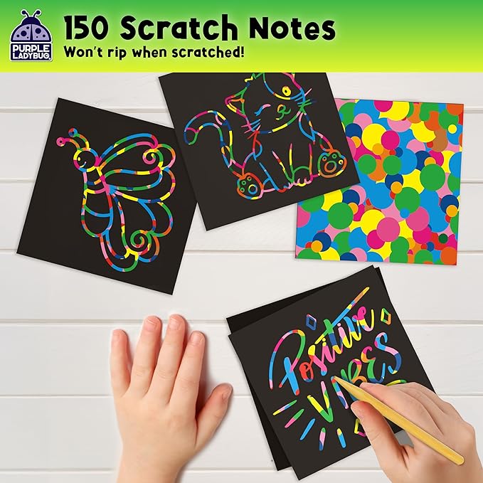 PURPLE LADYBUG 150 Rainbow Scratch Art Mini Notes - Stocking Stuffers for Kids, Arts and Crafts Supplies, Fun & Colorful Scratch Paper for Girls, Kids & Teens Gift, Classroom School Supplies