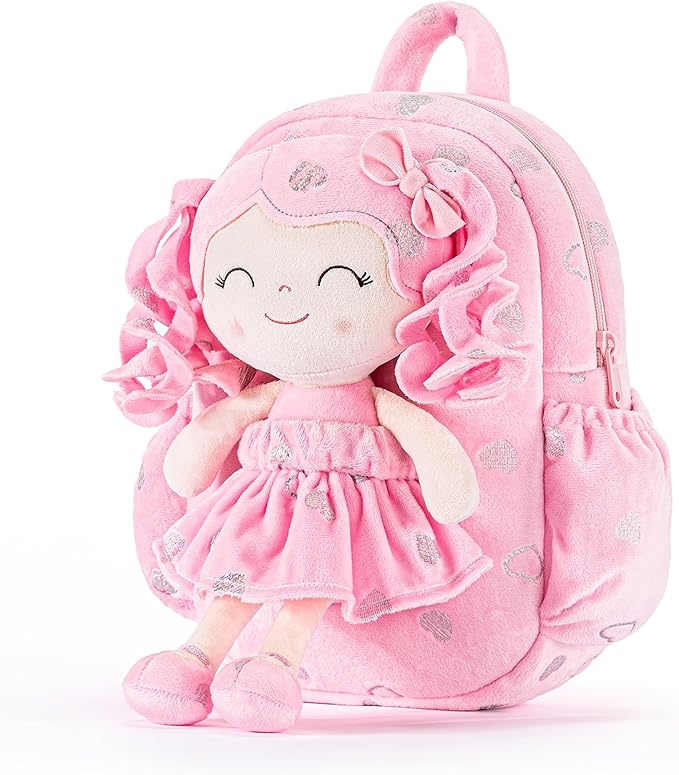 Gloveleya Toddler Backpack Baby Girl Gifts Curly Hair Plush Doll Dress Kids Backpacks Curly Hair Loving Heart Backpack - Pink Loving Heart 11 Inches
