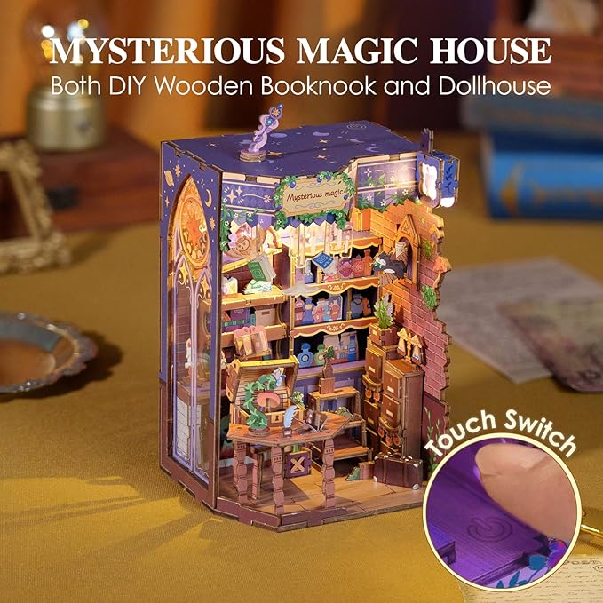 MOMIBOOK Book Nook Kit 153 Pcs DIY Miniature Dollhouse Kit for Adults, 3D Wooden Puzzle Mini Booknook Bookend Bookshelf Decor, Tiny House Model, Party Christmas Birthday Gifts, Fingertip Magic Cabin