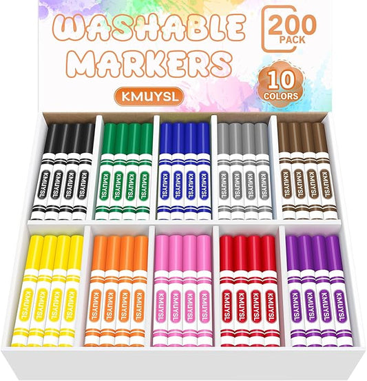 KMUYSL 200 Count Washable Markers Bulk, 10 Assorted Colors - Broad Line Conical Tip Coloring Markers for Kids, School Art Supplies & Back to School Supplies, Teacher Classroom Must Haves