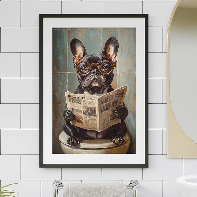 French Bulldog on Toilet Jigsaw Puzzle 1000 Pieces for Adults - Quirky Dog Reading Newspaper with Glasses - 1000pc Dog Bathroom Decor Puzzles (50x70cm / 19.685"x27.559")