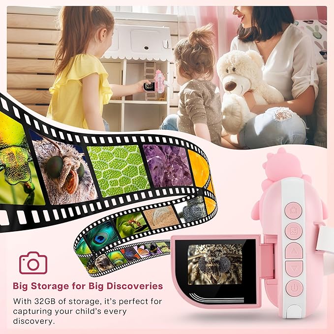 Dino Microscope for Kids, 1000x Portable Digital Microscope Camera with 2" Screen, Educational Science Kit Birthday Gifts for Kid Age 4-12, 32GB TF Card Included