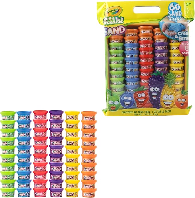 Crayola Play Sand, Silly Scents | 60 x 1oz Tubs of Moldable Play Sand in 6 Bright Colors | Christmas Party Favors for Kids Goodie Bags, Classroom Prizes, Sensory Bin Toys, Bags
