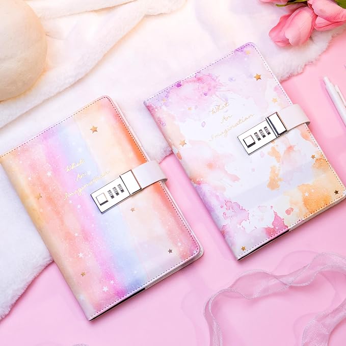 CAGIE Diary with Lock for Girls Age 8 9 10 11 12, Light Rainbow Journal with Lock for Teens Girl Birthday Gifts, 5.7 x 8.5 Inch Kids Journal with Pen 192 Pages journaing Notebook