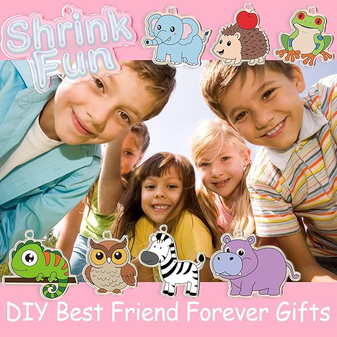 Shrink Fun 75PCS Shrinky Dinks Sheets Craft Kits for Kids, Includes 24 Pre Cut Forest Animal Charms, 24 Learning Cards and More, Keychain&Necklace Making Kit for Girls, Ideal Party Favor Age 6+