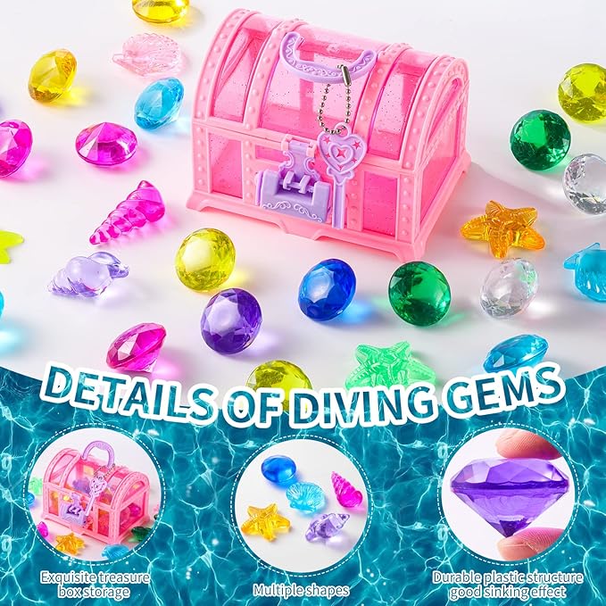 28 Pcs Colorful Diving Gem Pool Toys Set with Treasure Pirate Box Swimming Gem Pirate Diving Toys Underwater Toy for Pool Use Treasures Sets (Multicolor 30-40mm)