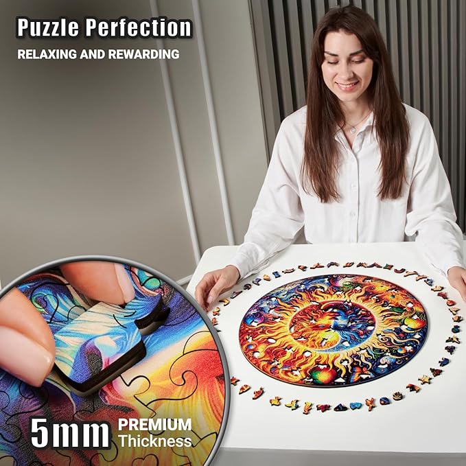 LEOGOR Wooden Jigsaw Puzzles for Adults 500 Pieces (17.8 x 17.8 in), Galactic Enigma Sun Moon Puzzle, Extra-Thick 5mm Wood, Unique Round Mosaic Puzzle with Animal Shaped Pieces, Advanced Brain Teaser