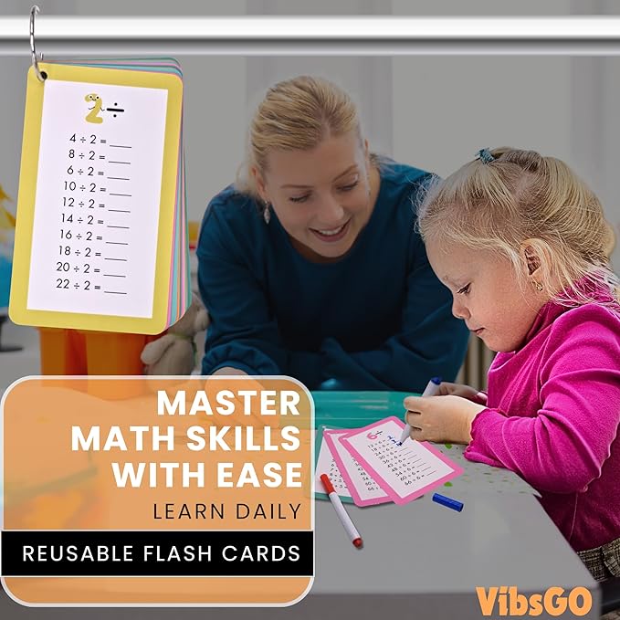 Math Flash Cards for Kids (Grades 1-3) | Addition, Subtraction, Multiplication & Division | 4-Pack Set with Rings & Markers | Educational Fun & Learning Game