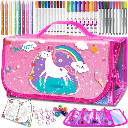weirtoya 56 PCS Washable Scented Markers Set with Glitter Pencil Case, Mermaid Unicorn Arts and Crafts for kids 4-6-8 Kids Coloring Drawing Kits for 4-8 Years Old Girls Birthday Gifts