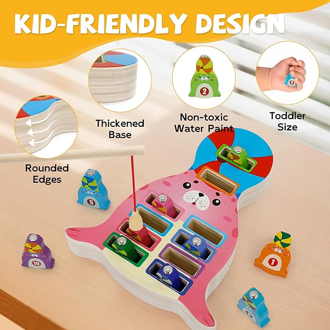 Wooden Magnetic Fishing Game, Seal Magnetic Fishing Toy for Kids 3-5, Montessori Preschool Education Learning Color Sorting Fine Motor Skill for Toddlers
