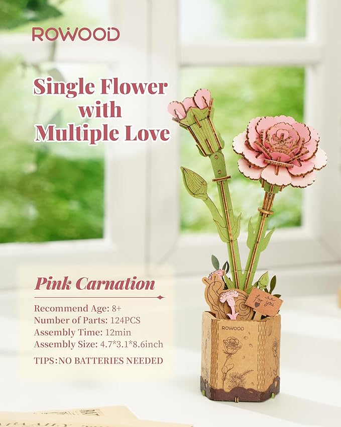 rowood 3D Puzzle Wood Flower,DIY Artifical Flower Building Set Craft Kit for Women,Mother's Day/Valentine's Day/Teacher's Day/Thanksgiving/Christmas/Birthday Gift -Pink Carnation