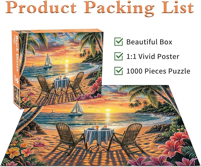 Beach Dinner Jigsaw Puzzles 1000 Pieces for Adults Sailboat Palm Trees Flowers 1000 Piece Jigsaw Puzzles for Adults