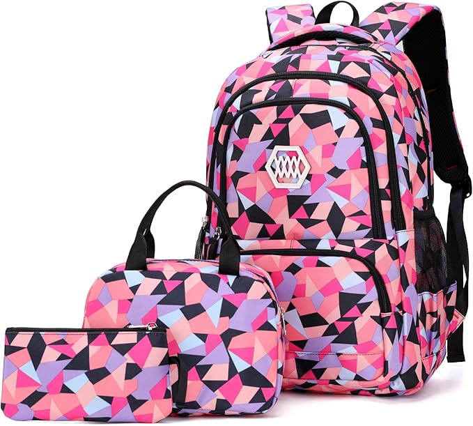 3Pcs Geometric Print Girls Boys Backpack Set for School Kids, Multi-Pocket Elementary School Backpack for Girls