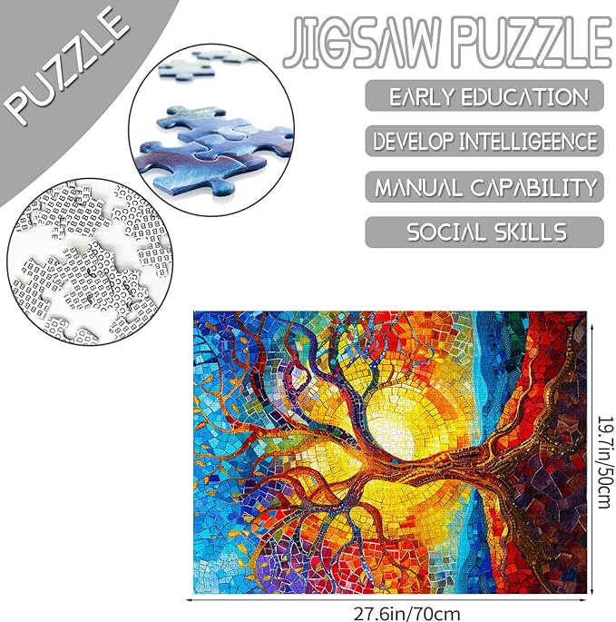 1000 Piece Jigsaw Puzzles for Adults, Charming Tree of Life Jigsaw Puzzles, Stained Mosaic Style Colorful Tree Puzzle,Challenging Family Activity Perfect for Game Nights,Puzzle Wall Art Decor