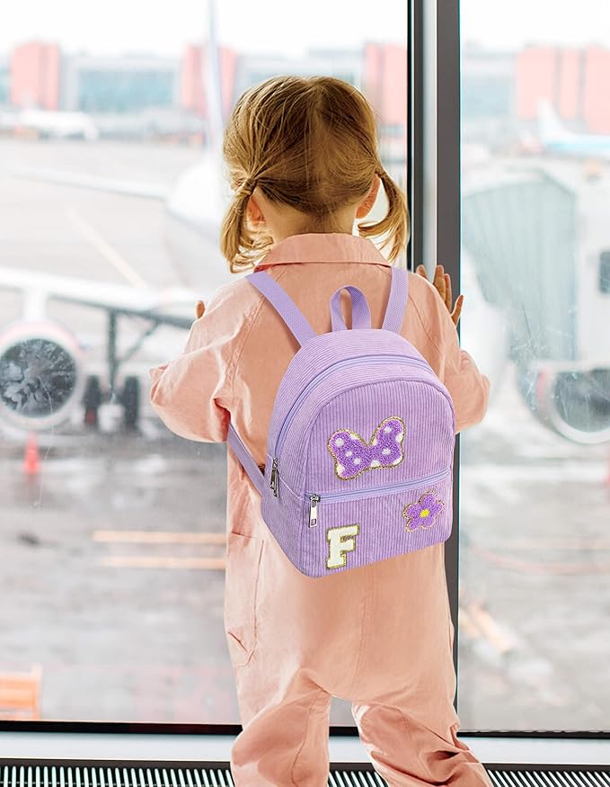 2 3 4 5 6 Year Old Girl Gifts Chenille Initial Mouse Bow Mini Backpack, Corduroy Toddler Backpacks Christmas Birthday Gifts for Girls 2-4 5-6, Purple Mini Diaper Bag Must Haves for Park Travel F