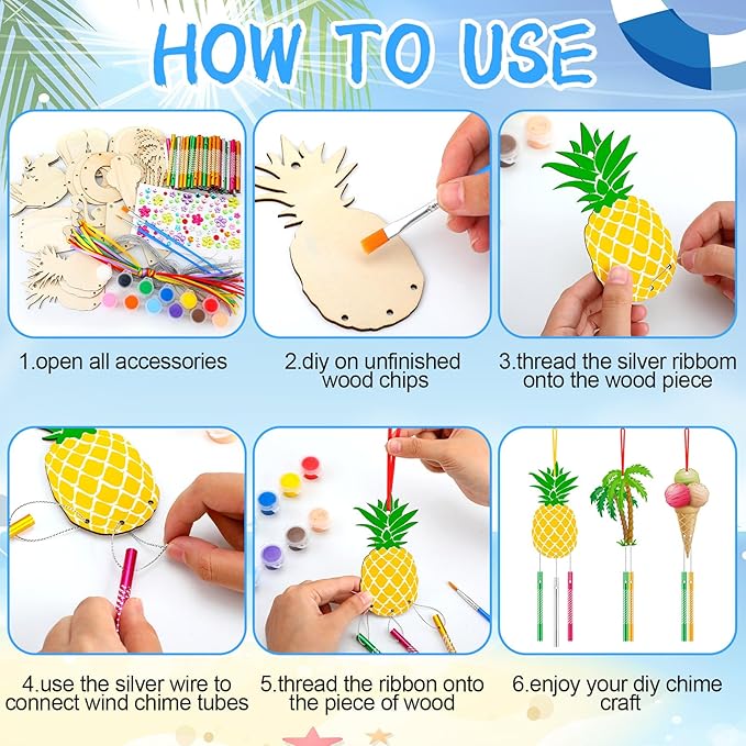 Wind Chime Making Kit for Kids Make Your Own Wind Chime Wooden Ornaments for Girls and Boys DIY Crafts Activity Birthday Summer Decoration(Beach)