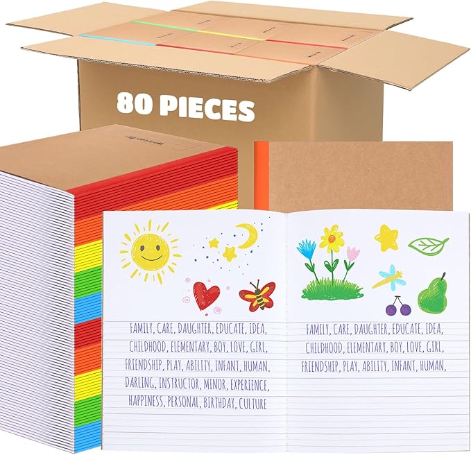 Henoyso 80 Pack Bulk Primary Composition Notebooks for Kids - Wide Ruled Journal with Picture Space, 60 Pages, Rainbow Spine, 9.75 x 7.5 in for Office, School, Journaling, Back to School Supplies