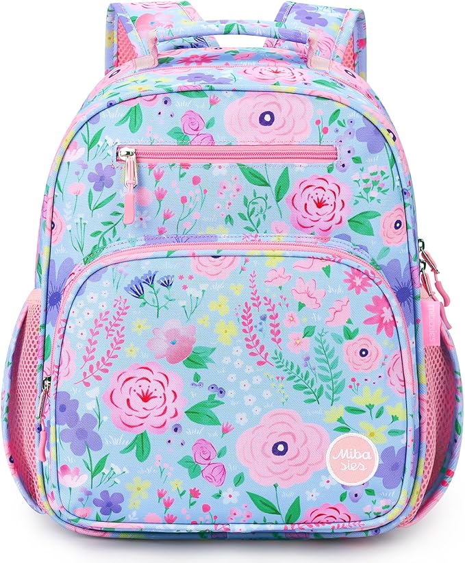 mibasies Kids Backpack for Girls: Girls Backpack 5-8 - Kindergarten Elementary School Bookbag for Girl - Flower Light Blue
