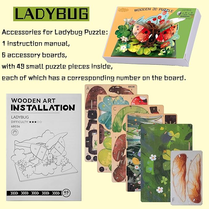 3D Wooden Puzzle for Adults, Teens and Kids - Contnovin 3D Ladybug Puzzle,49 Pieces DIY Model Building Kit, Creative Craft Decor, Relaxing Desktop Ornament, Unique Gift for Birthday and Christmas