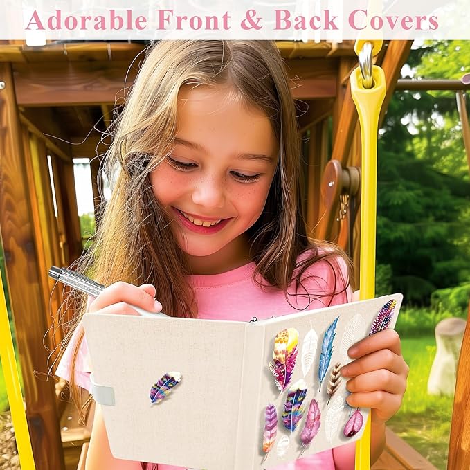 Feather Journal for Girls - Gift for Teens, Kids - Diary with Pen & Magnetic Closure, 192 Pages for Writing, 5.3"x7.5" Hardcover Lined Notebook