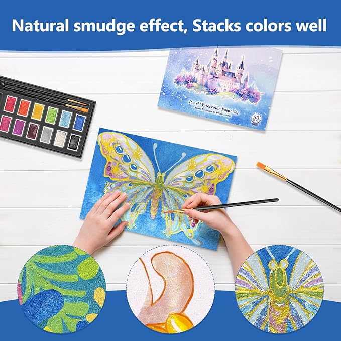 Mini Glitter Watercolor Paint Set with Paper, 12 Colors Shimmer Metallic Watercolour Painting Sets, Solid Pearl Water Color Paints for Adult, Kids(3ml 12 Colors)