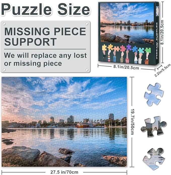 Puzzles for Adults 1000 Pieces - Jigsaw Puzzles Long Beach Harbor Skyline Art, 27.5x19.7 Inch Cityscape Hard Impossible Challenging Puzzle Family Game for Men & Women (Home Decor Gift)