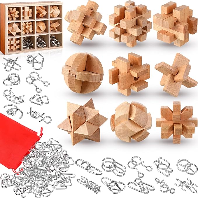 Yilloog 45 Pcs Brain Teasers Metal and Wooden Puzzles for Kids Adults Mind Iq and Logic Test Toys 3D Educational Unlock Interlock Puzzles Box for Family Challenging Games