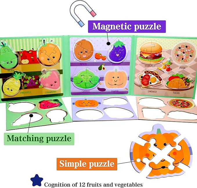 Magnetic Puzzles for Kids Ages 1-3, Travel Toddler Puzzles Ages 2-4 Year, Food Activities Toy for Boys & Girls 3-5 yo - Learning Magnet Gift for Road Trip