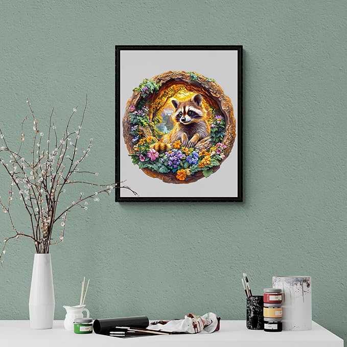 KAAYEE Wooden Puzzles for Adults, 3D Visual Effect Raccoon on Vacation Wooden Jigsaw Puzzle Unique Shape Wood Puzzle Adult, 3D Effect Flat Puzzle Birthday Family Game (M-11.4 * 11.3 in-200pcs)