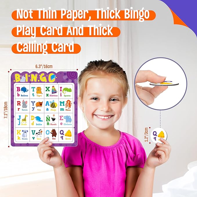 Spanish Bingo Game, 12 Bingo Board Spanish Letters, Numbers & Words Vocabulary Game, Early Educational Toys for Learning - Ages 4 and up, Perfect for Classroom & at Home (Up to 12 Players)